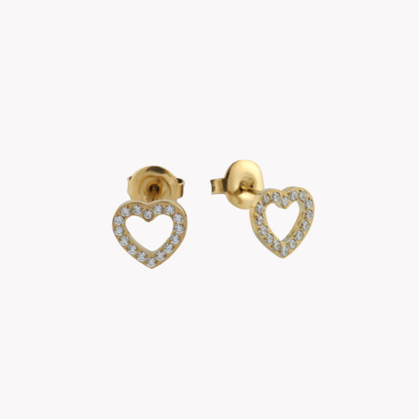 Brincos em aço em forma de coração com brilhantes cravados, em dourado