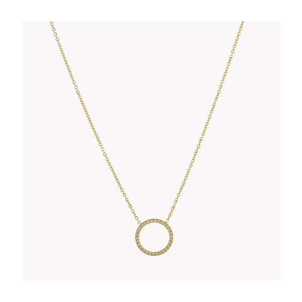 Colar em aço com fio fino e pendente circular cravado de brilhantes dourado