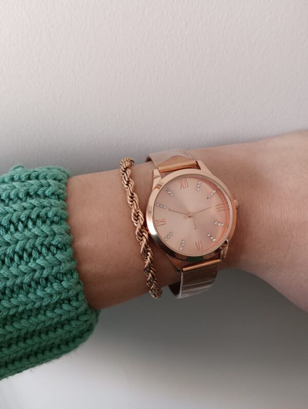 Relógio e pulseira em aço rose gold