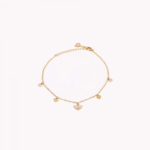 Pulseira de pé em aço com pendentes em forma de coração, brilhantes e abelha