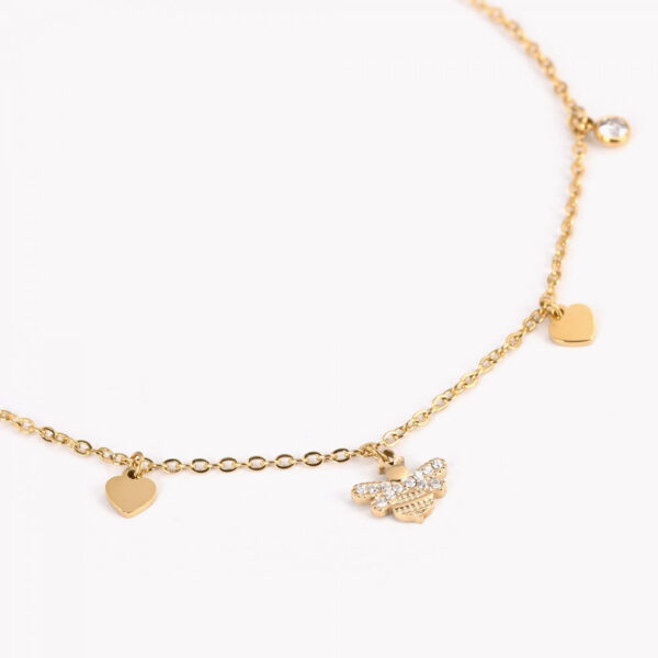 Pulseira de pé em aço com pendentes em forma de coração, brilhantes e abelha