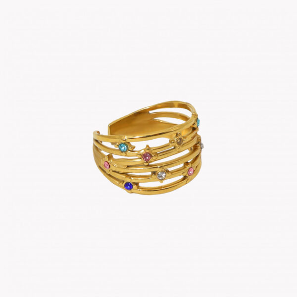 Anel ajustável em aço com brilhantes de diferentes cores