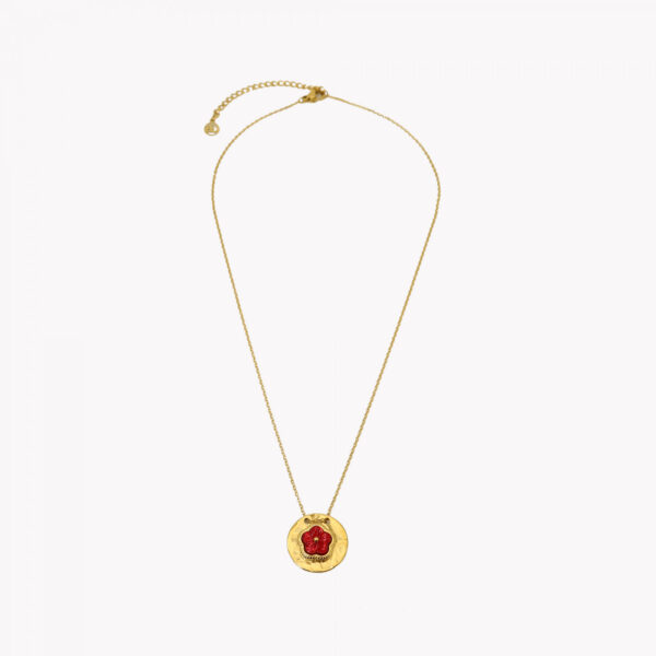 Colar em aço com pendente circular com textura e com flor ao centro