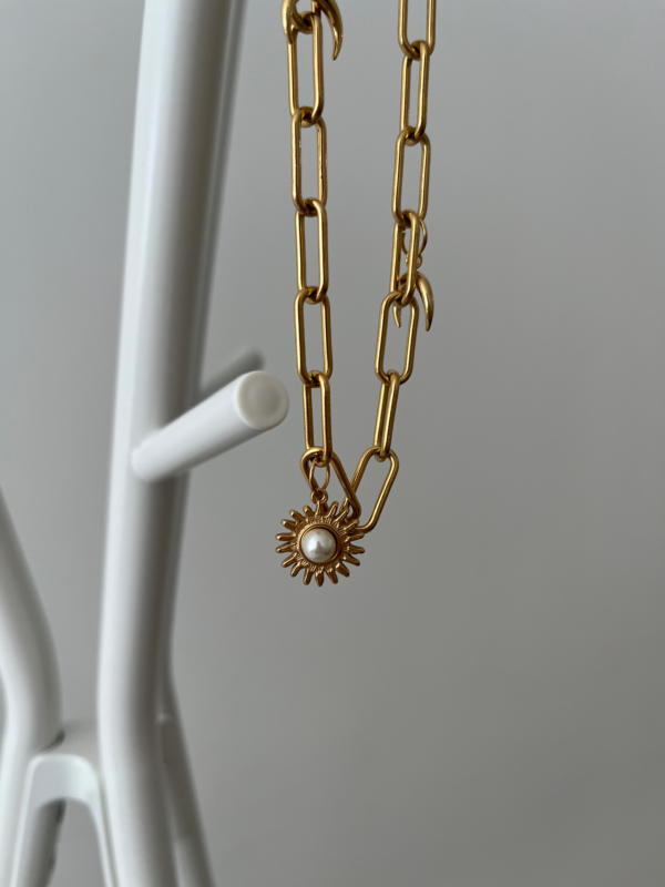 Colar em Aço de Elos Sol, Lua e Pérola