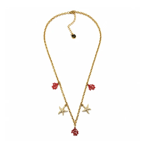 GMN2512091.png Colar em aço com dois pendentes estrela do mar com zirconias brancas e três pendentes de alga vermelha