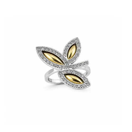 Anel em aço prateado em forma de flor, com dourado no interior das pétalas e zirconias à volta
